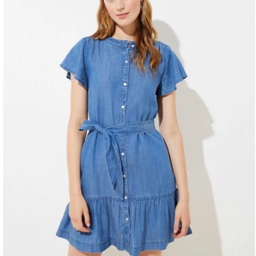 LOFT Blue Chambray Cap Sleeve Belted Tiered Ruffle Casual Summer Dress Size S